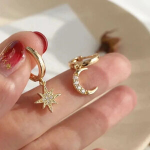 925 Sterling Silver Moon & Star Hoop Earrings Gold